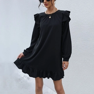 Elegant black long-sleeve loose dress with layered ruffle details and round neck design