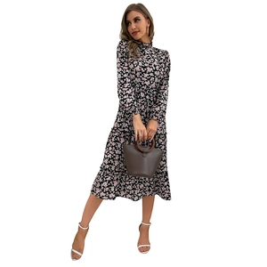 Floral long sleeve midi dress with mock neck and tiered ruffle hem for women