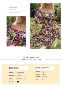 Détail d'une robe fleurie à épaules dénudées avec encolure élastique et imprimé floral