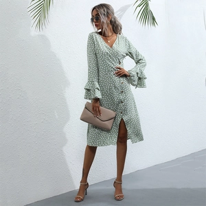 Elegant light green polka dot V-neck midi dress with slit and ruffle sleeves