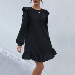 Elegant black long sleeve dress with ruffle details and round neck in French retro style