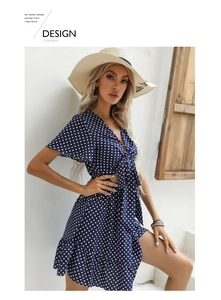 Detail of V-neck tie waist polka dot dress with butterfly sleeves and ruffled hemline