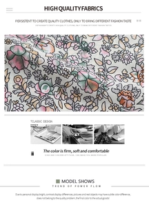Detail of floral printed fabric showing tassel V-neckline and high-quality sewing craft