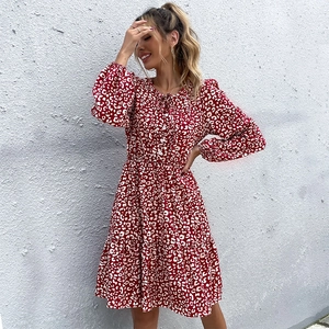 Abito Mini da Donna con Stampa Leopardata Manica Lunga Vintage Boho Laccio al Collo Balze A-Line Casual per Autunno Inverno