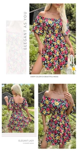 Détails d'une robe d'été à fleurs à épaules dénudées avec taille smockée et volants