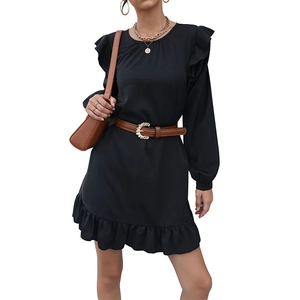 Elegant black long sleeve mini dress with ruffle details and waist belt for women