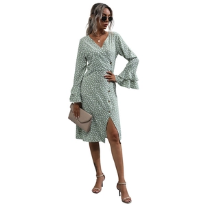 Elegant light green floral V-neck midi dress with long ruffle sleeves and side slit detail