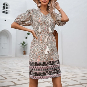 Women Vintage Bohemian Floral Mini Dress V-Neck Tassel Drawstring Puff Sleeve Ethnic Print A-Line Vacation Short Dress