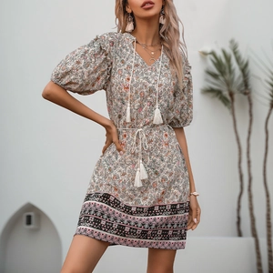 Bohemian floral V-neck dress with tassel drawstring and ethnic pattern hemline