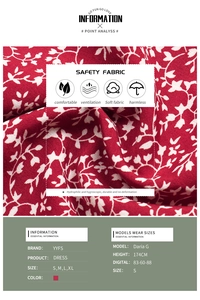 Detail view of red floral fabric texture and size chart for long sleeve midi dress