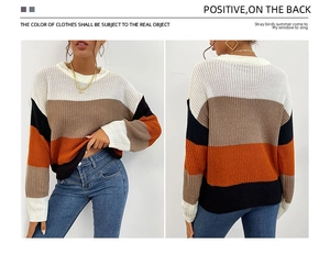 Detailed front and back view of oversized color block striped knit sweater for women