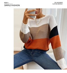 Detail of color-block knit sweater showing thick texture and striped pattern design