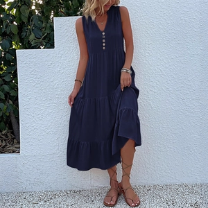 Women's Sleeveless V-Neck Tiered Maxi Dress Summer Casual Solid Color Viscose Loose Vacation Button Decoration Sun Dress
