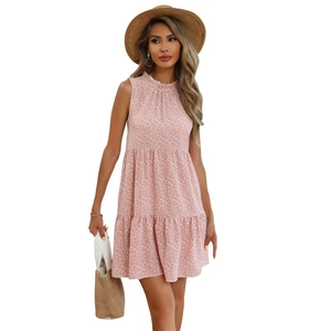 Summer sleeveless floral mini dress with ruffled tiered hem in pink sweet holiday style