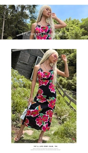 Detailed view of women's backless floral maxi dress with vibrant tropical print and straps