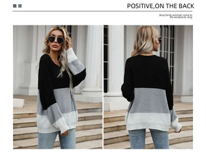 Detailed views showing the front and back of a loose color-block knit sweater