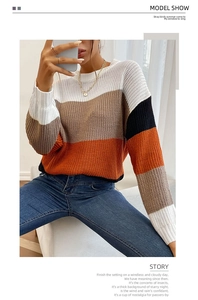 Detail of color-block knit sweater featuring bold horizontal stripes and ribbed cuffs