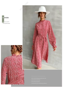 Detail of red floral chiffon midi dress featuring high neck and lantern sleeves with belt