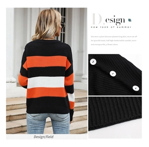 Detail of striped knit sweater showing texture, decorative buttons, and back view