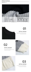 Detailed views of color block sweater showing fabric texture, neckline, and ribbed cuffs
