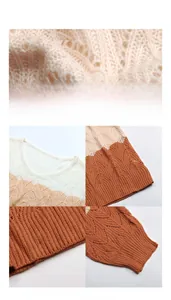Detailed knit pattern on beige and caramel v-neck sweater with ribbed cuffs and hemline