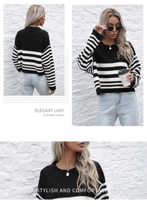 Vues détaillées du pull en maille à rayures noires et blanches avec un col rond classique