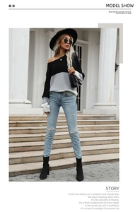 Fashionable color block knitted sweater with off-the-shoulder design and ribbed texture