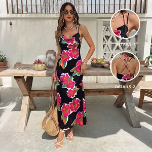 Women Floral Backless Strap Maxi Dress Summer Vacation Sexy Cowl Neck High Waist A-Line Printed Sleeveless Long Dress