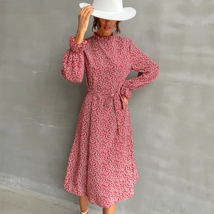Elegant Wine Red Ditsy Floral Print Midi Dress Women Long Flare Sleeve Ruffle Mock Neck Tie Waist Polyester A-Line Dress