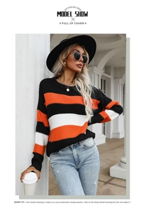 Detailed view of the striped knit sweater texture and comfortable ribbed cuffs