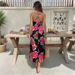 Floral backless maxi dress with pink flowers and cross straps for summer vacation style