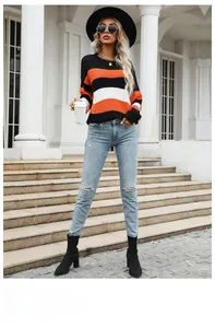Detail of colorful striped knit sweater texture and relaxed fit on model in street view