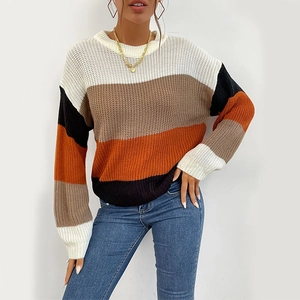 Women's oversized color-block striped knit sweater with drop shoulder and crew neck