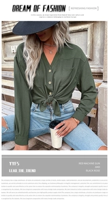 Detail of dark green V-neck long sleeve shirt featuring stylish front knot hem and buttons