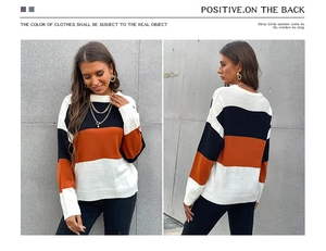 Vues détaillées avant et arrière du pull en maille à rayures en blanc, noir et orange