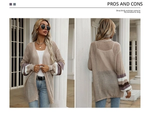 Detail view of hollow crochet knit texture and contrast color striped long sleeves