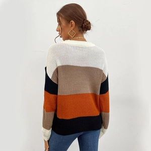 Women's color block striped oversized knit sweater with casual crewneck and long sleeves