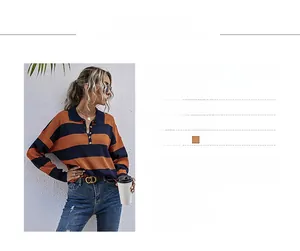 Détail du polo en tricot à rayures orange et bleu marine avec col à boutons