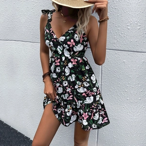 Floral print summer dress with V-neck and adjustable shoulder bows in black chiffon