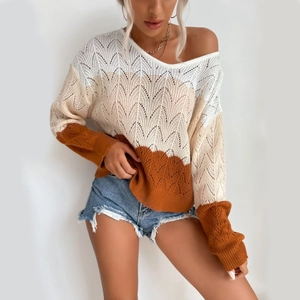 Women's Hollow Out Color Block Knit Sweater Casual Crochet Long Sleeve Crew Neck Pullover Top For Autumn
