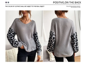 Front and back view of a loose V-neck knit sweater with leopard patchwork sleeves