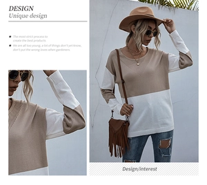 Close-up of V-shaped knit texture and khaki white color block on a women sweater