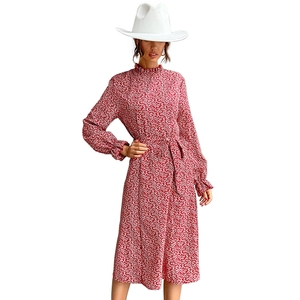 Elegant high neck floral midi dress in red with long sleeves and a matching waist tie