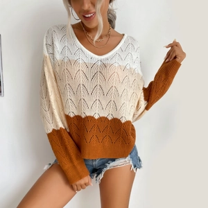 Women's V-neck hollow knit sweater with wave color block design in beige and caramel