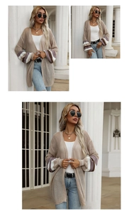 Detailed knit pattern on apricot long cardigan with striped cuffs and loose silhouette