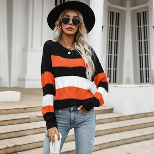 Women casual long sleeve striped knit sweater with orange, white and black stripes