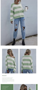 Dettaglio del maglione a maglia a righe verdi e bianche con girocollo e spalle scese da donna