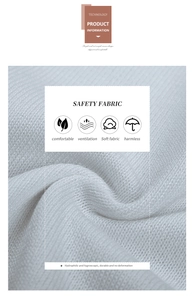 Detail showing soft blue knit fabric texture with breathable and durable physical properties