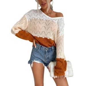 Women's 2024 V-neck color-block hollow knit long sleeve sweater with light blue denim shorts