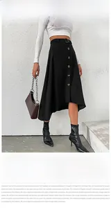 Close-up of high-waist black skirt featuring wood buttons and asymmetrical cut detail